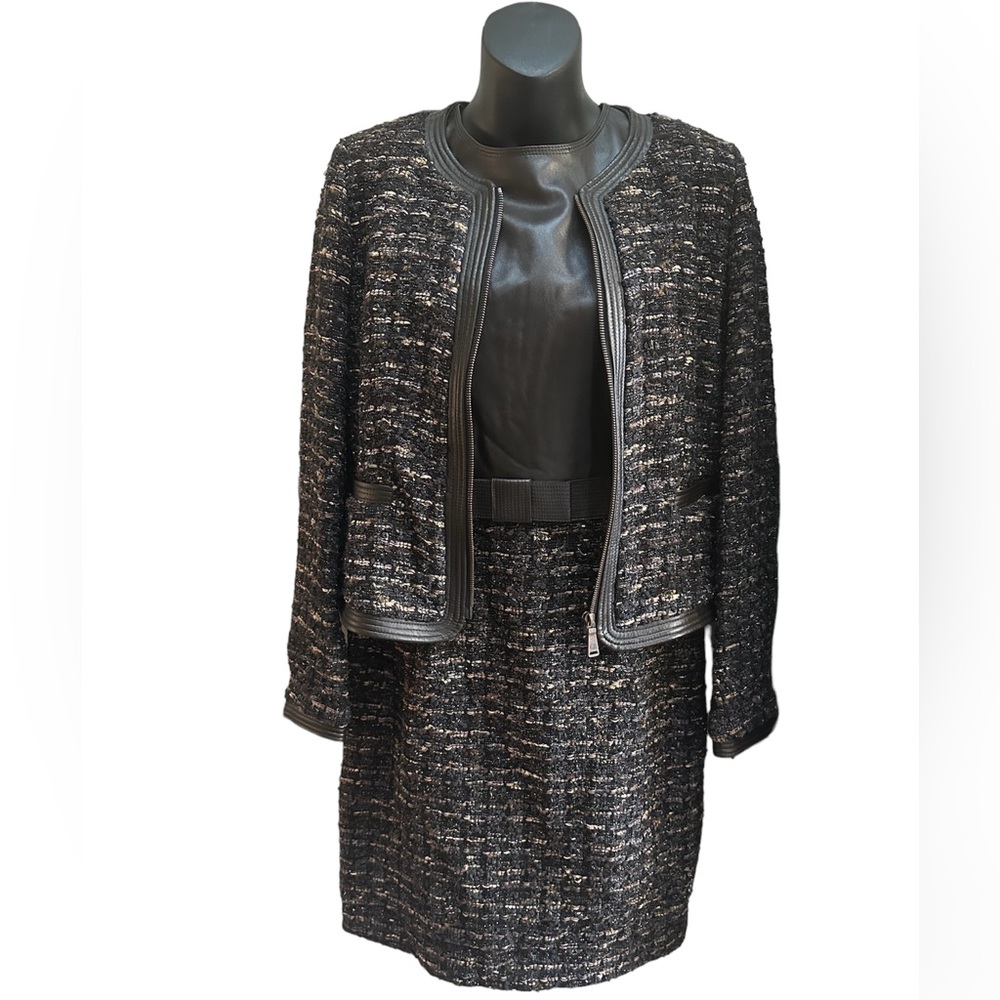 Vintage Georges Rech Wool Blend Tweed, Leather Trim 2 Pieces Dress+Blazer 42/L
